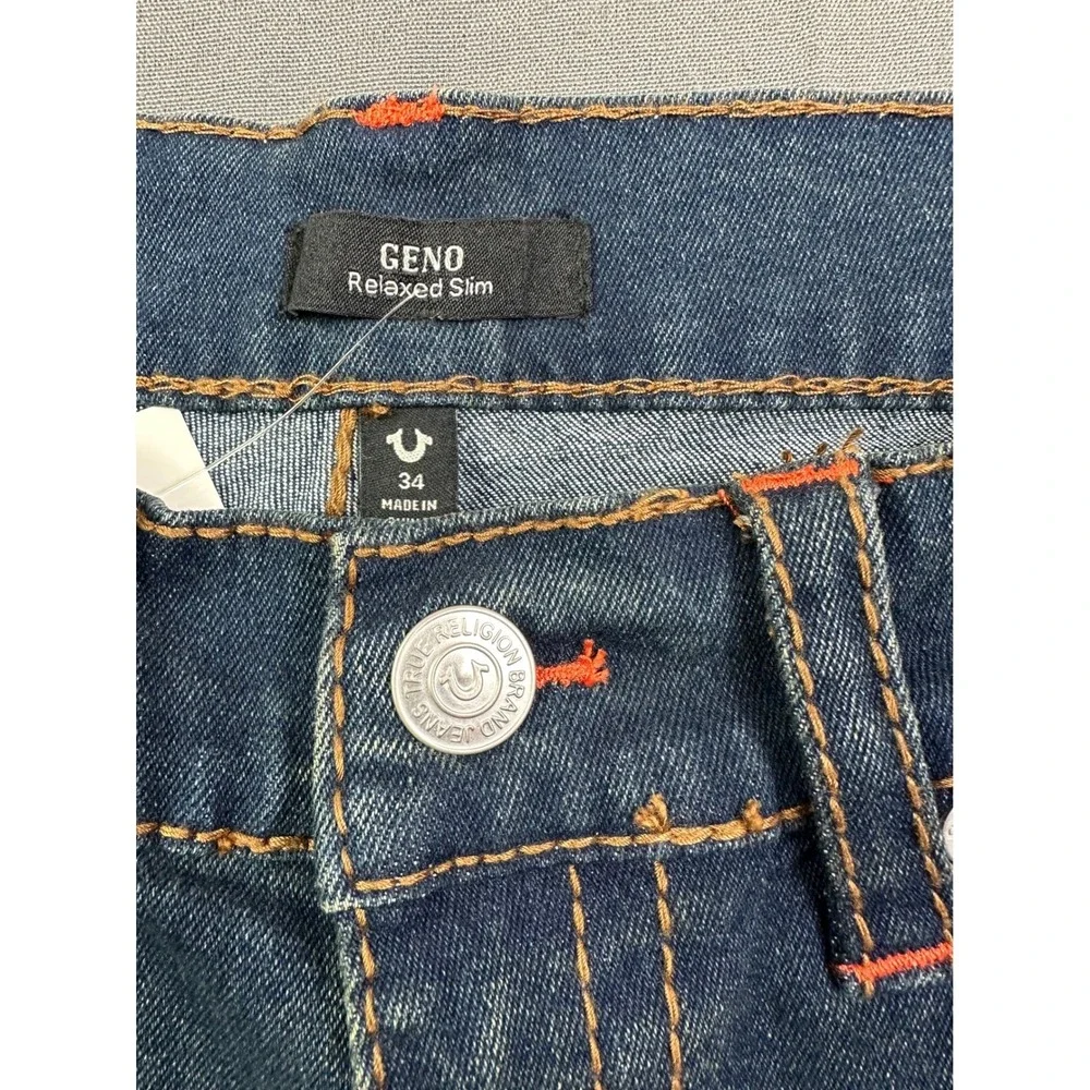 True‎ Religion Men Sz 34x32 Geno SN Flap Relaxed Slim Jeans Blue Denim Orange
